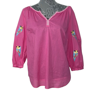 Talbots Size Medium pink blouse‎ with embroidered parrots on 3/4 length sleeve.